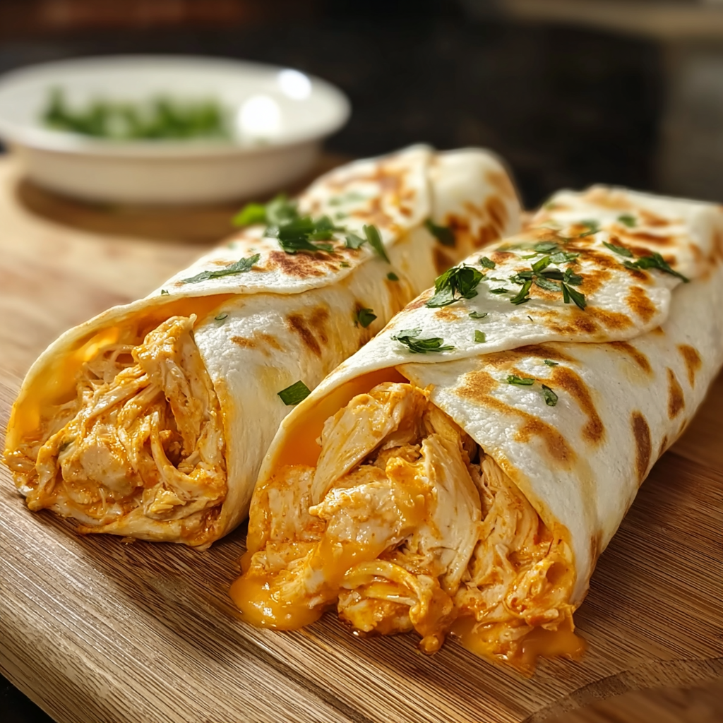 Two Buffalo Chicken Cheese Wraps on a wooden cutting board.