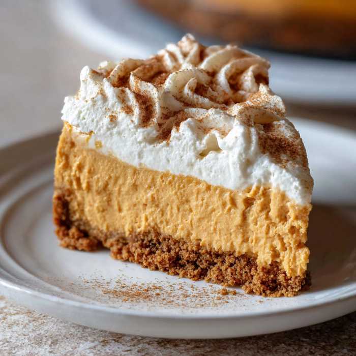 A slice of no bake pumpkin cheesecake.