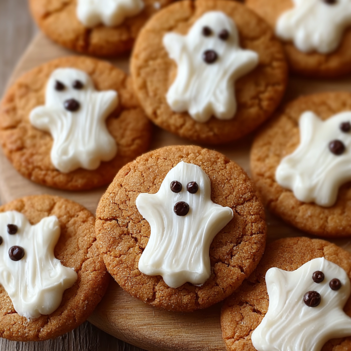 A plate of cookies with white icing and ghost decorations.