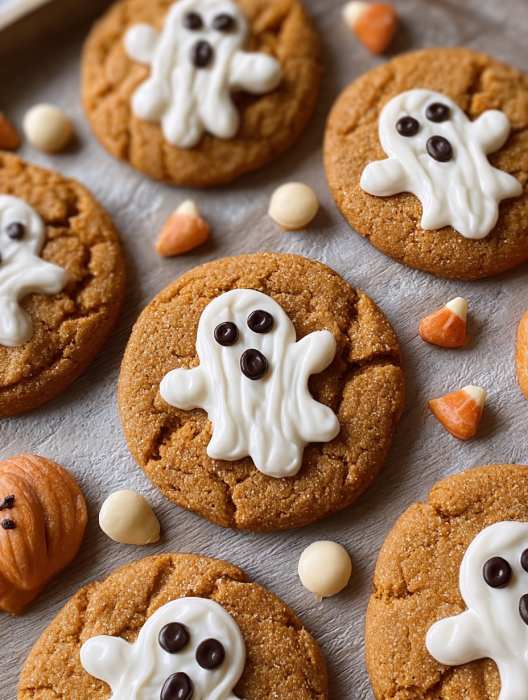 A plate of cookies with white icing and orange decorations.