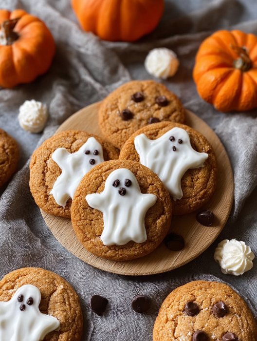 A plate of cookies with ghost decorations.