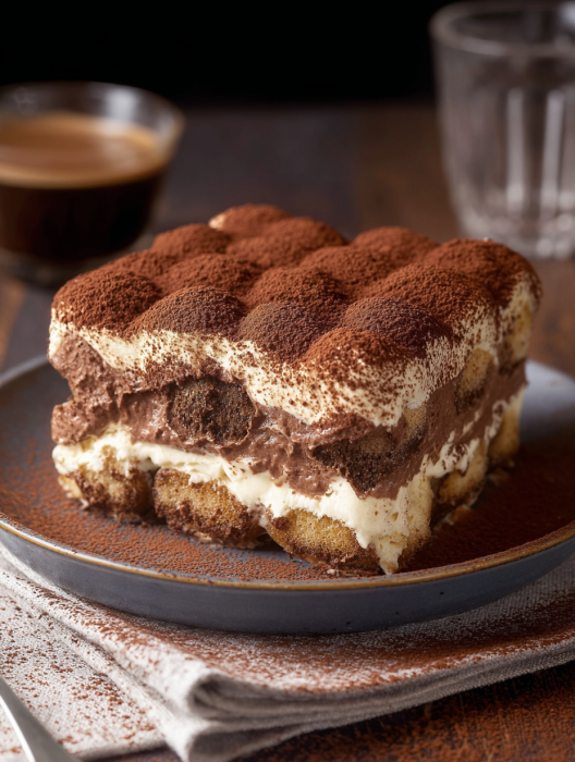 A slice of chocolate tiramisu on a plate.