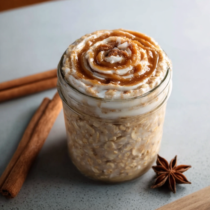 A jar of cinnamon roll oatmeal.