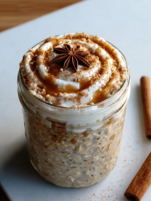 A glass jar filled with a cinnamon roll oatmeal.