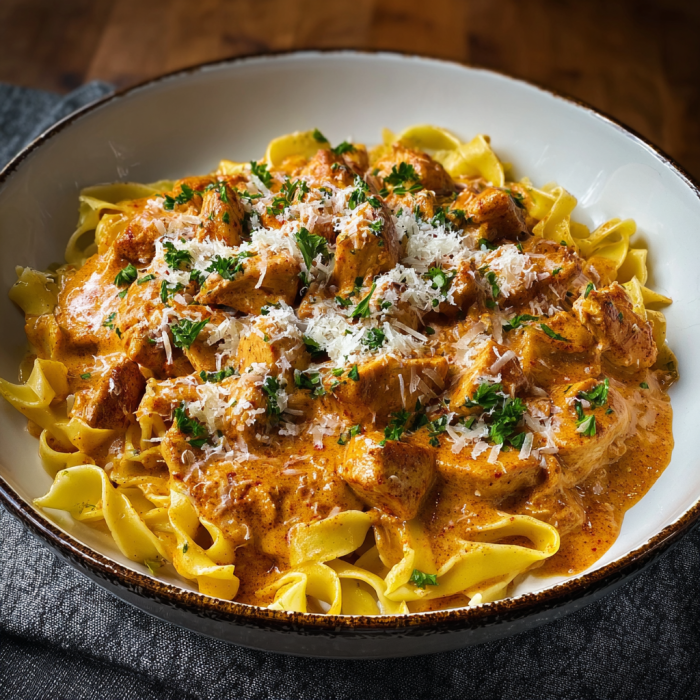 A bowl of pasta with chicken and cheese.