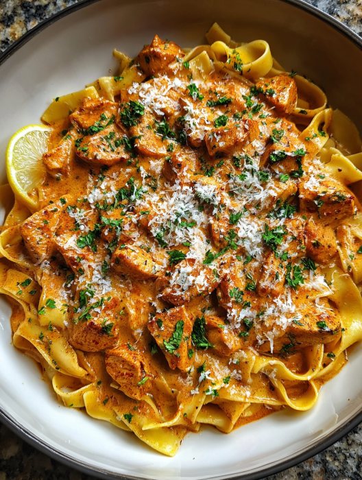 A plate of pasta with chicken and cheese.