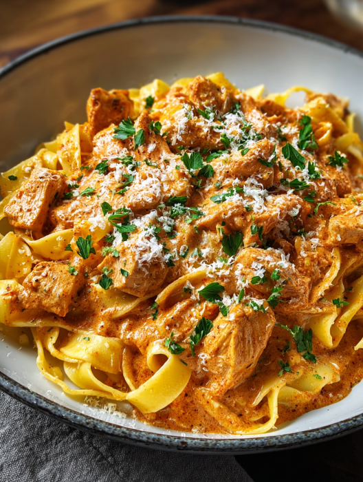 A bowl of pasta with chicken and cheese.