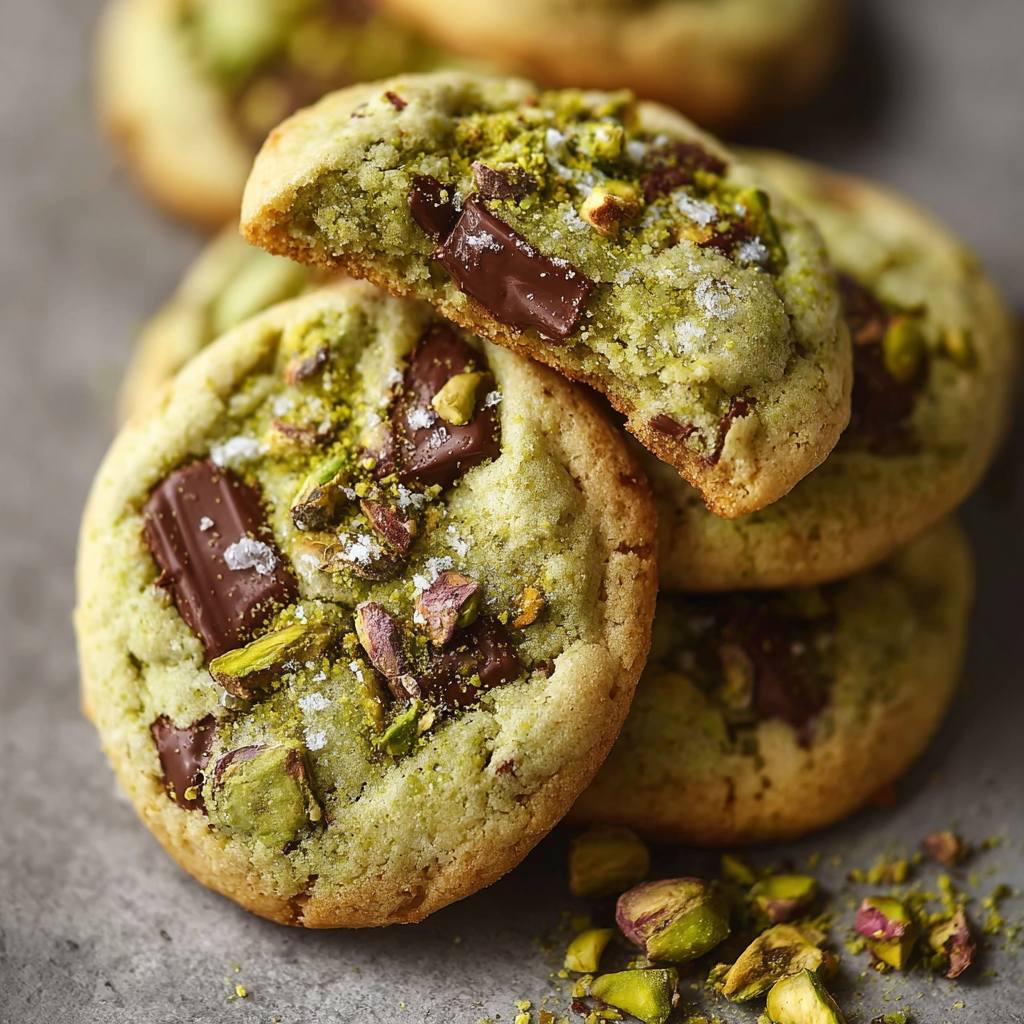 Pistachio cookies with chocolate chips.