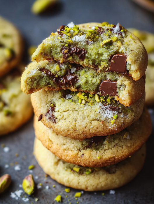 Pistachio cookies with chocolate chips on top.