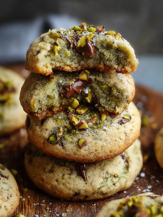 Pistachio cookies with chocolate drizzle.
