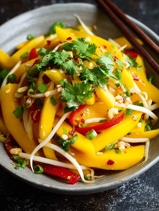 A bowl of fresh mango salad with noodles and peppers.