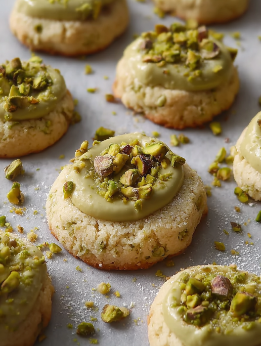A tray of pistachio thumbprint cookies.