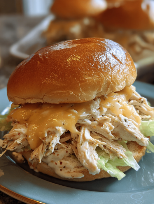 A sandwich with meat and cheese on a bun.