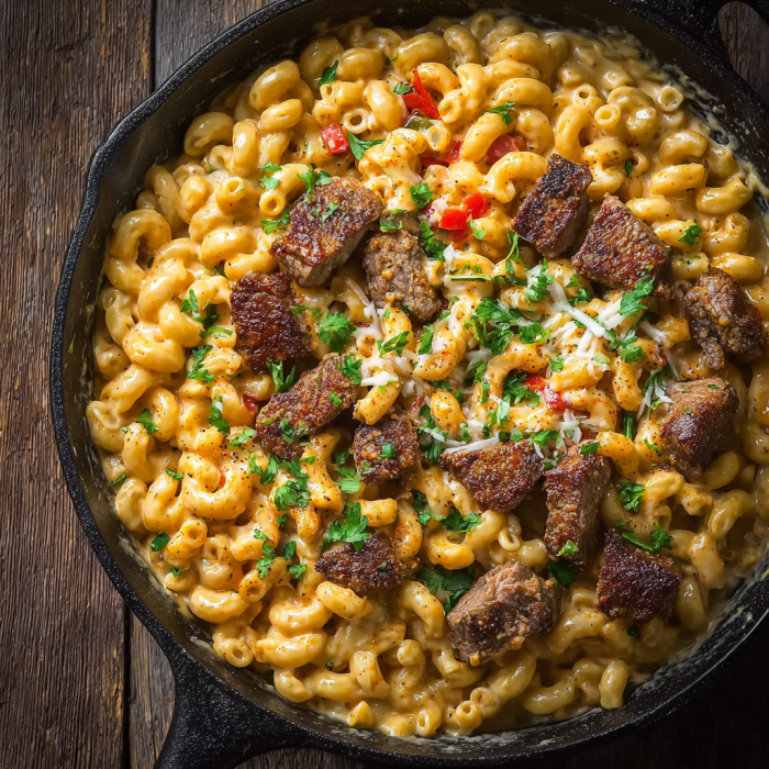 A skillet of creamy cajun steak mac and cheese.