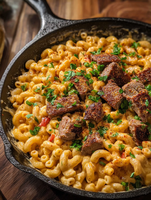 A skillet of creamy cajun steak mac and cheese.