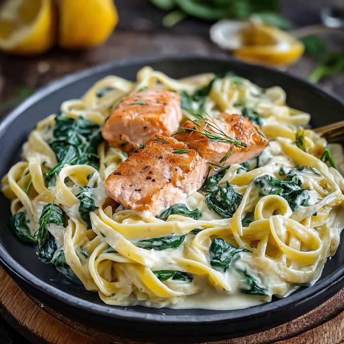 A plate of noodles with salmon and spinach.