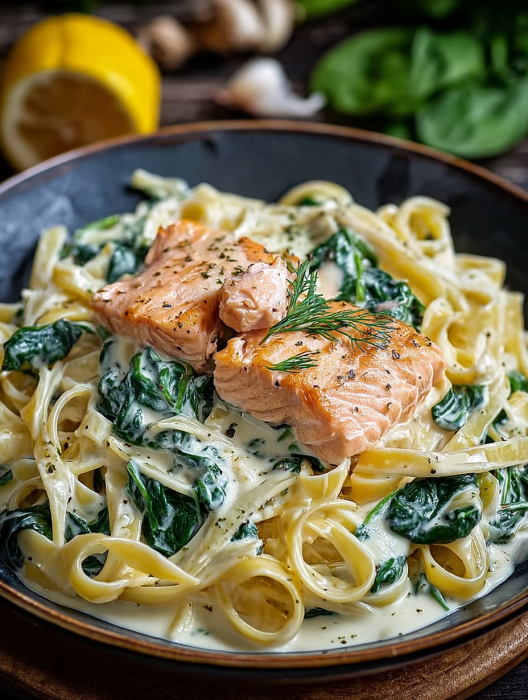 A bowl of pasta with salmon and spinach.