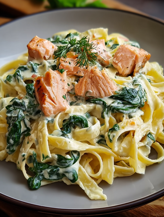 A plate of pasta with salmon and spinach.