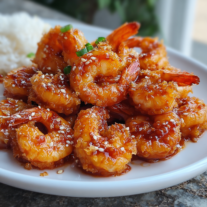 A plate of shrimp with a sauce on it.