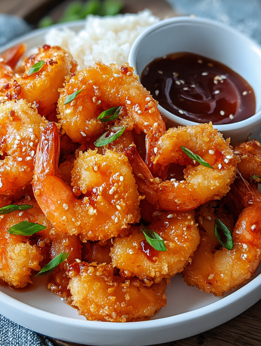 A bowl of shrimp with sauce and rice.