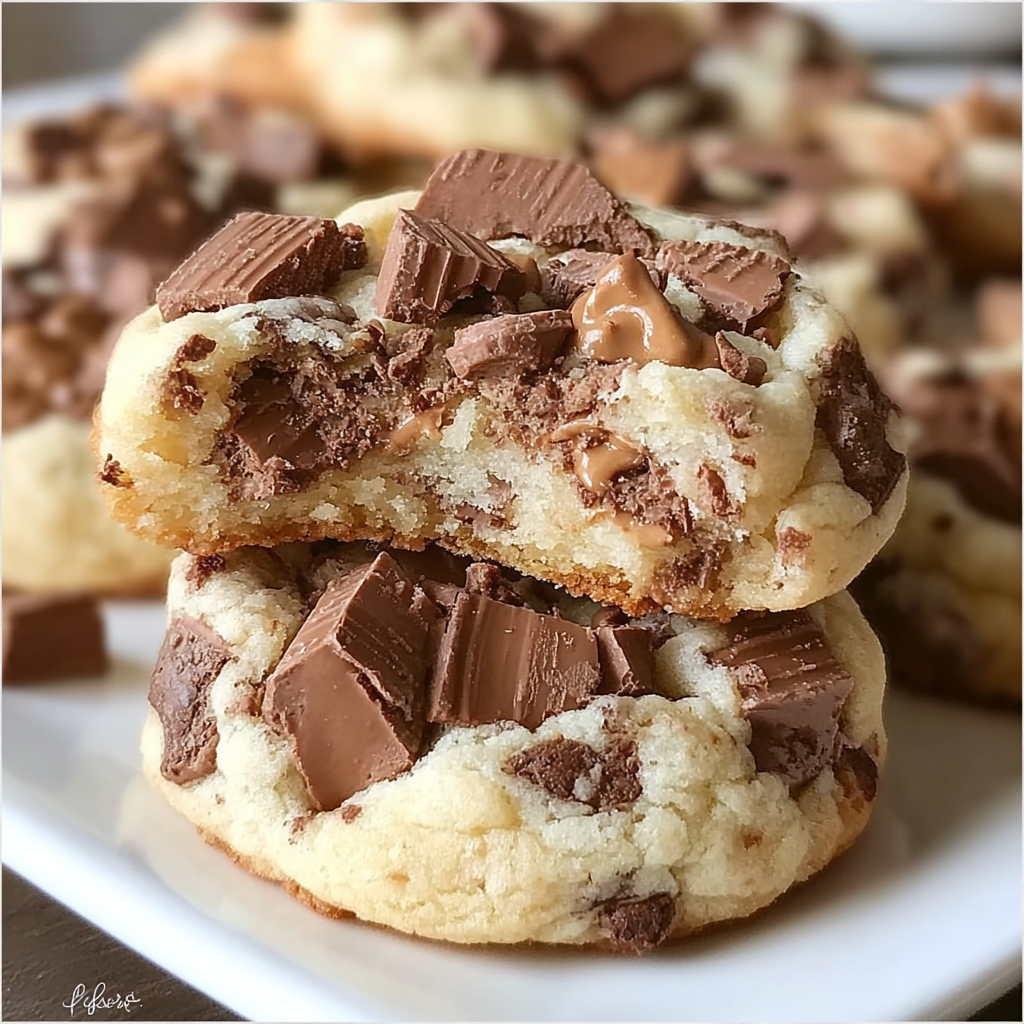 A stack of cookies with chocolate and peanut butter toppings.