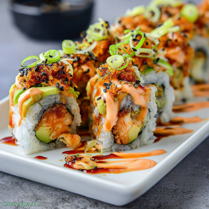 A plate of sushi with a volcano roll.
