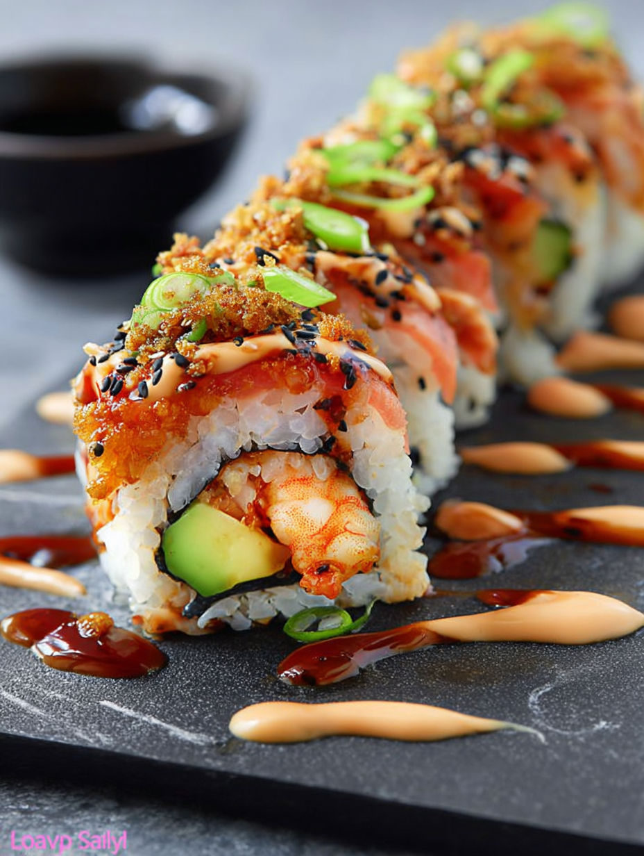 A volcano roll with sauce.