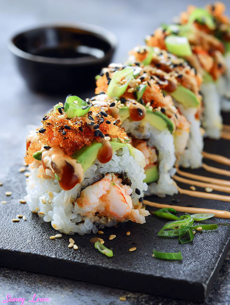 A volcano roll with shrimp and avocado.