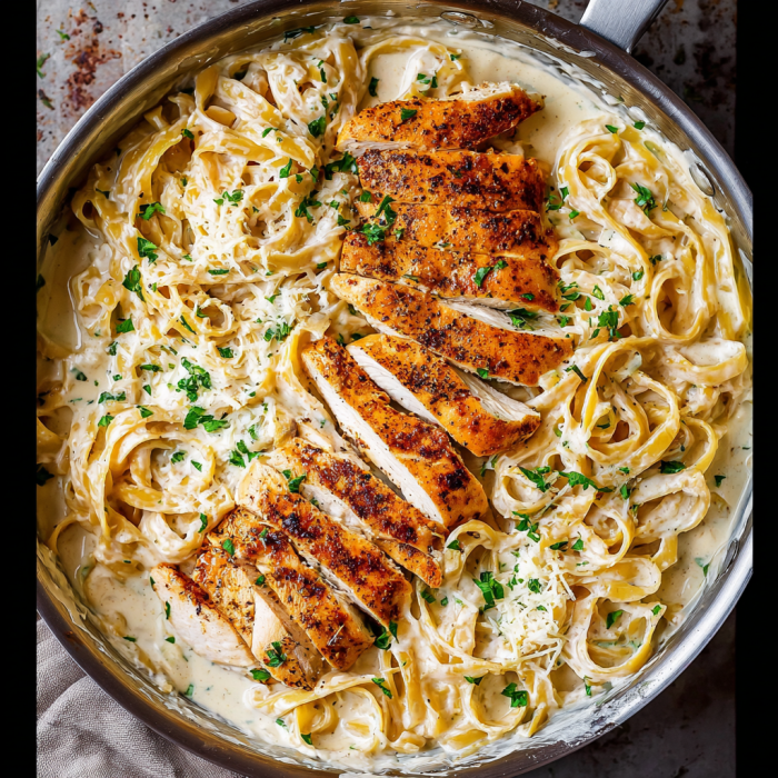 A delicious chicken Alfredo dish with noodles and chicken.
