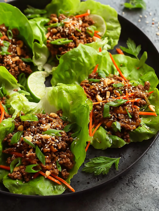 A plate of food with lettuce and meat.