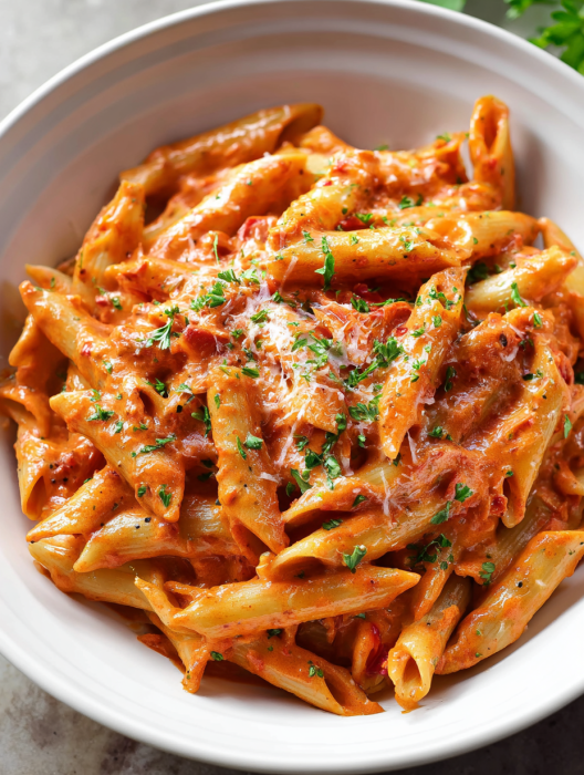 A bowl of pasta with cheese and sauce.