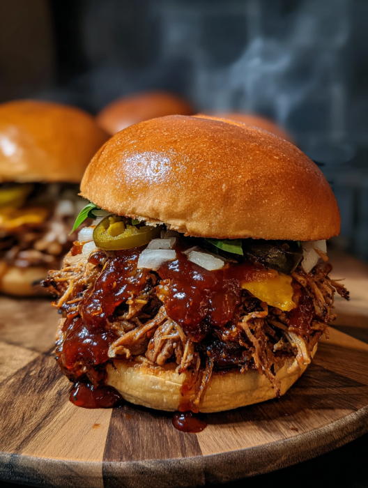 A close up of a barbecue sandwich with sauce.