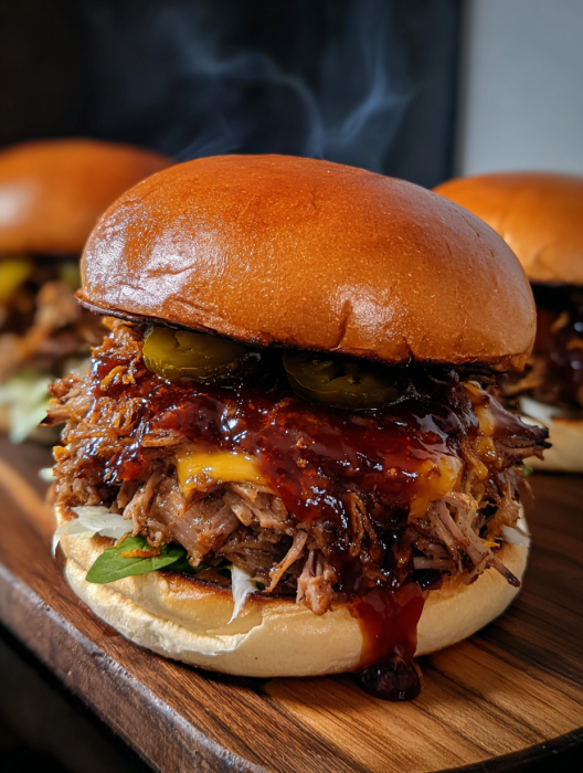 A close up of a sandwich with BBQ sauce and pickles.