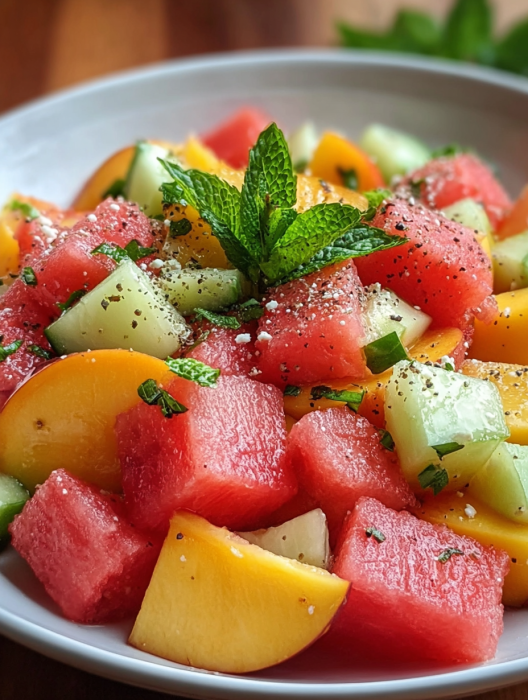A bowl of watermelon salad with mint and cucumber.