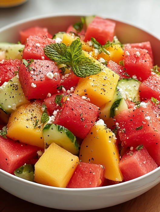 A bowl of watermelon salad with mint.