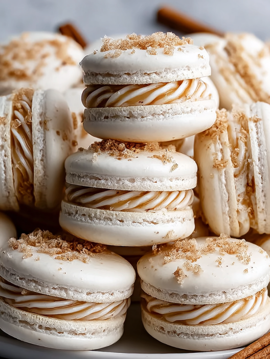 A stack of macarons with a yellow and white striped pattern.