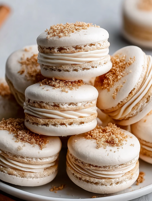 A stack of macarons with a dusting of powdered sugar.