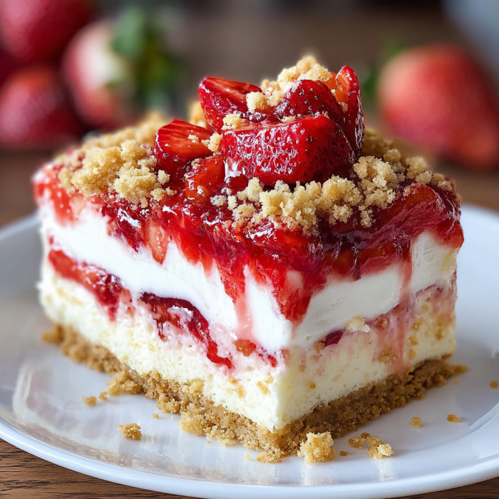 A slice of strawberry crunch cheesecake.