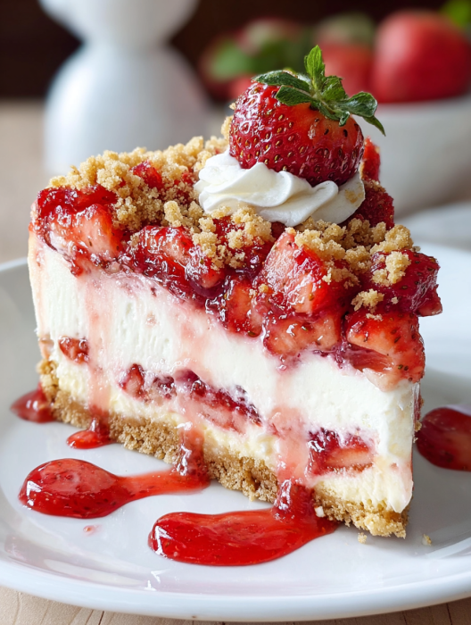 A slice of strawberry crunch cheesecake.