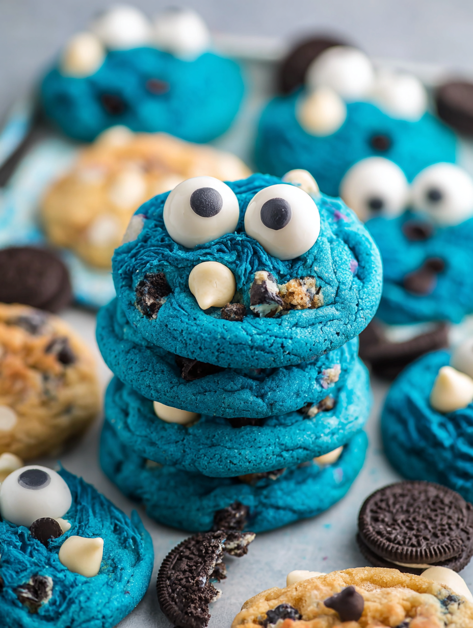A stack of blue cookies with white eyes and chocolate chips.