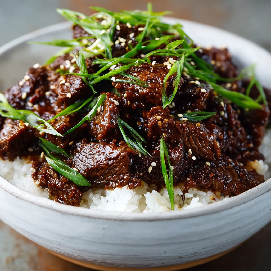 A bowl of beef with rice and green onions.