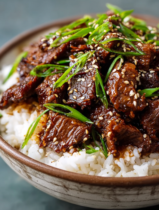 A bowl of beef with rice and green onions.