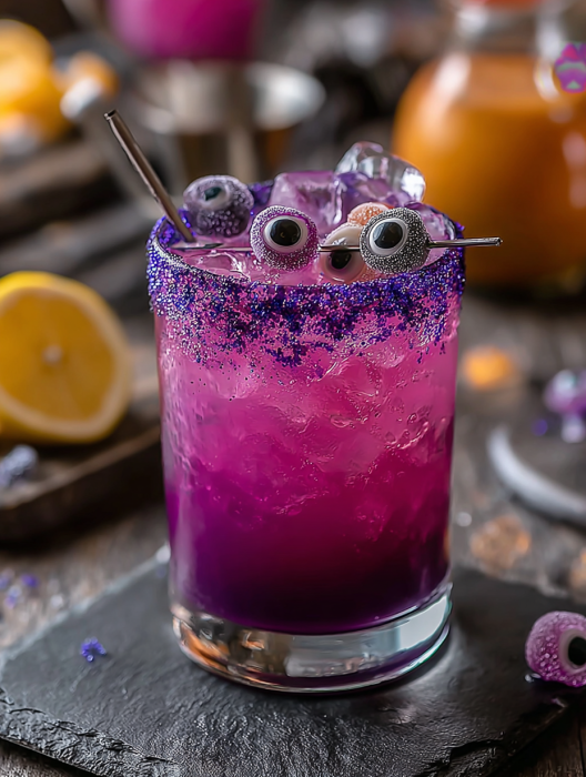 A purple drink with a straw in it.