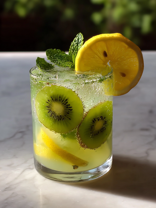 A glass of green drink with a slice of lemon and kiwi.