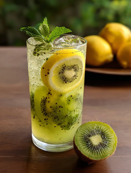 A glass of green drink with kiwi slices in it.