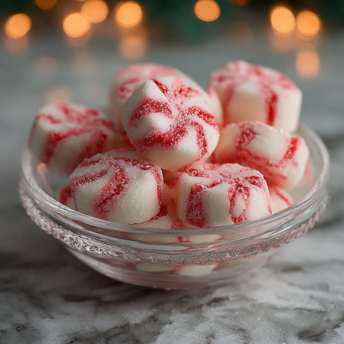 A bowl of red and white peppermint candies.
