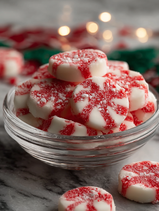 A bowl of red and white candy.