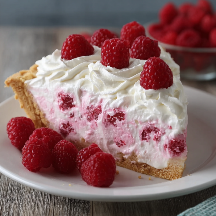 A slice of raspberry cream pie on a plate.