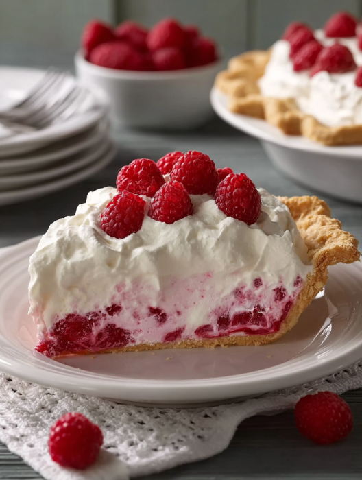 A slice of pie with raspberries on top.