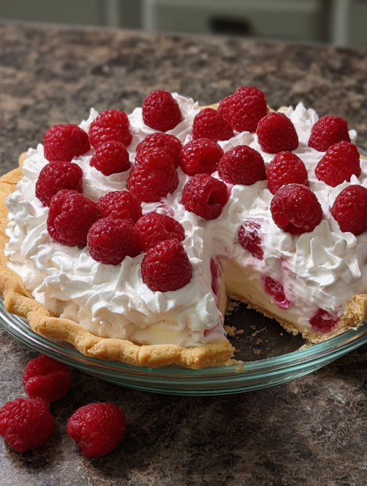 A slice of pie with raspberries and whipped cream.